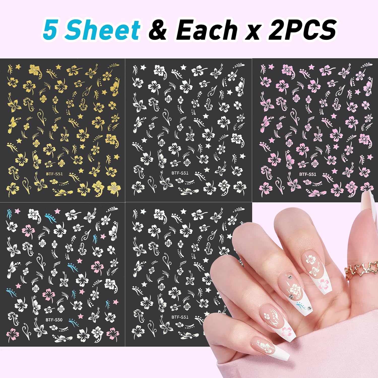 MUIIGOOD Flower Nail Stickers 10 Sheets Hibiscus Nail Decals White Pink Golden Clear Silver Decals Nail Art Decorations Nail Decals Nail Art Supplies Nail Designs for Women Manicure Tips