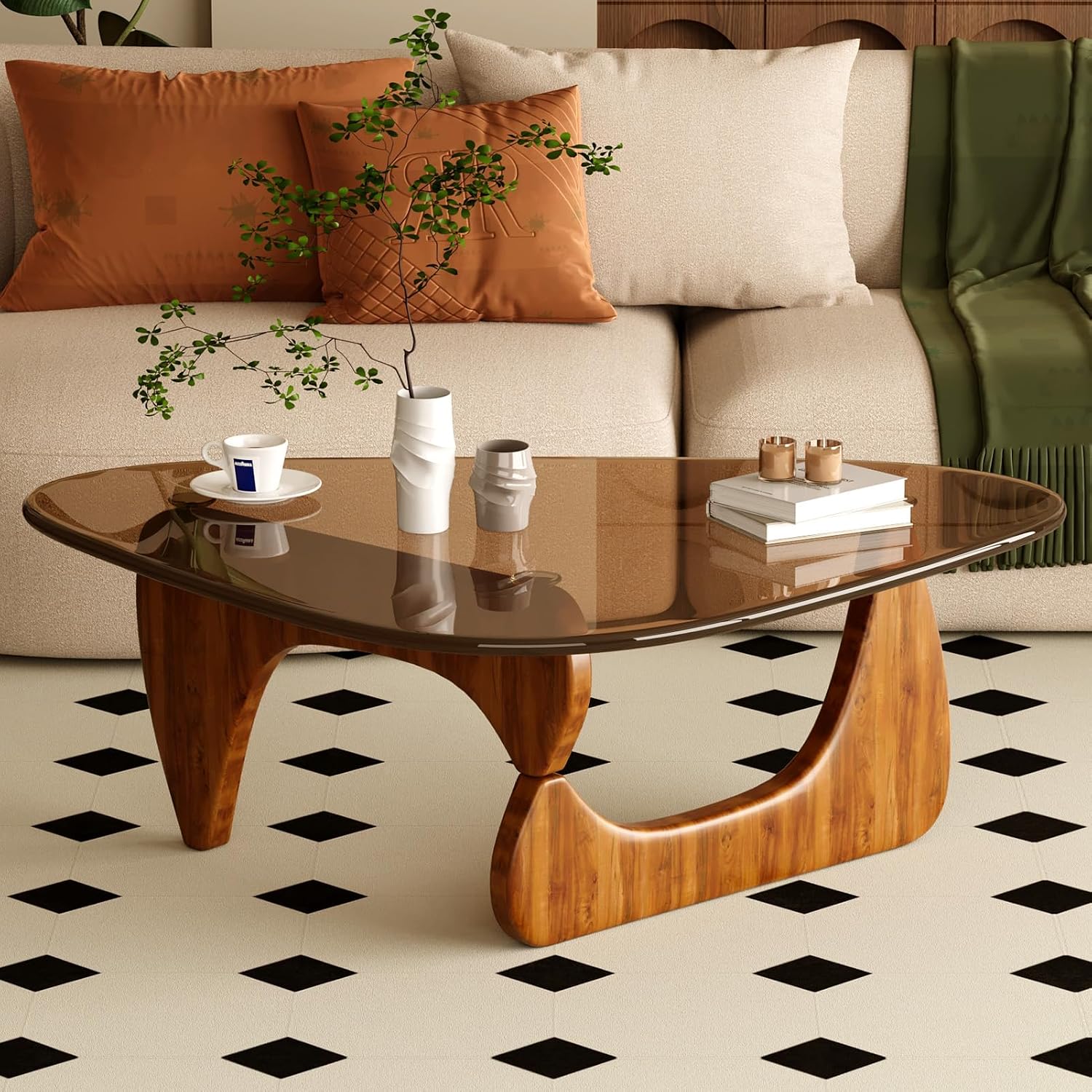 Coffee Table For Living Room Mid Century Modern Center Table With Glass Top And Wood, 32 Inch, Brown/Walnut