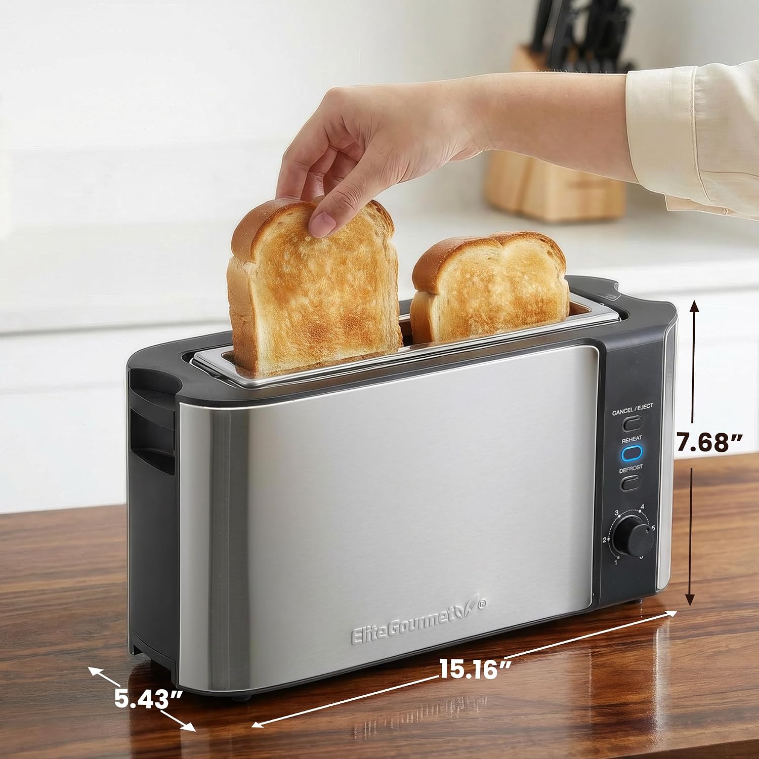 Elite Gourmet Ect3200 2-Slice, 1 Long Slot, Slim Toaster, Reheat, 6 Toast Settings, Defrost, Cancel Functions, Built-In Warming Rack, Extra Wide Slots For Bagels Waffles, Stainless Steel & Black