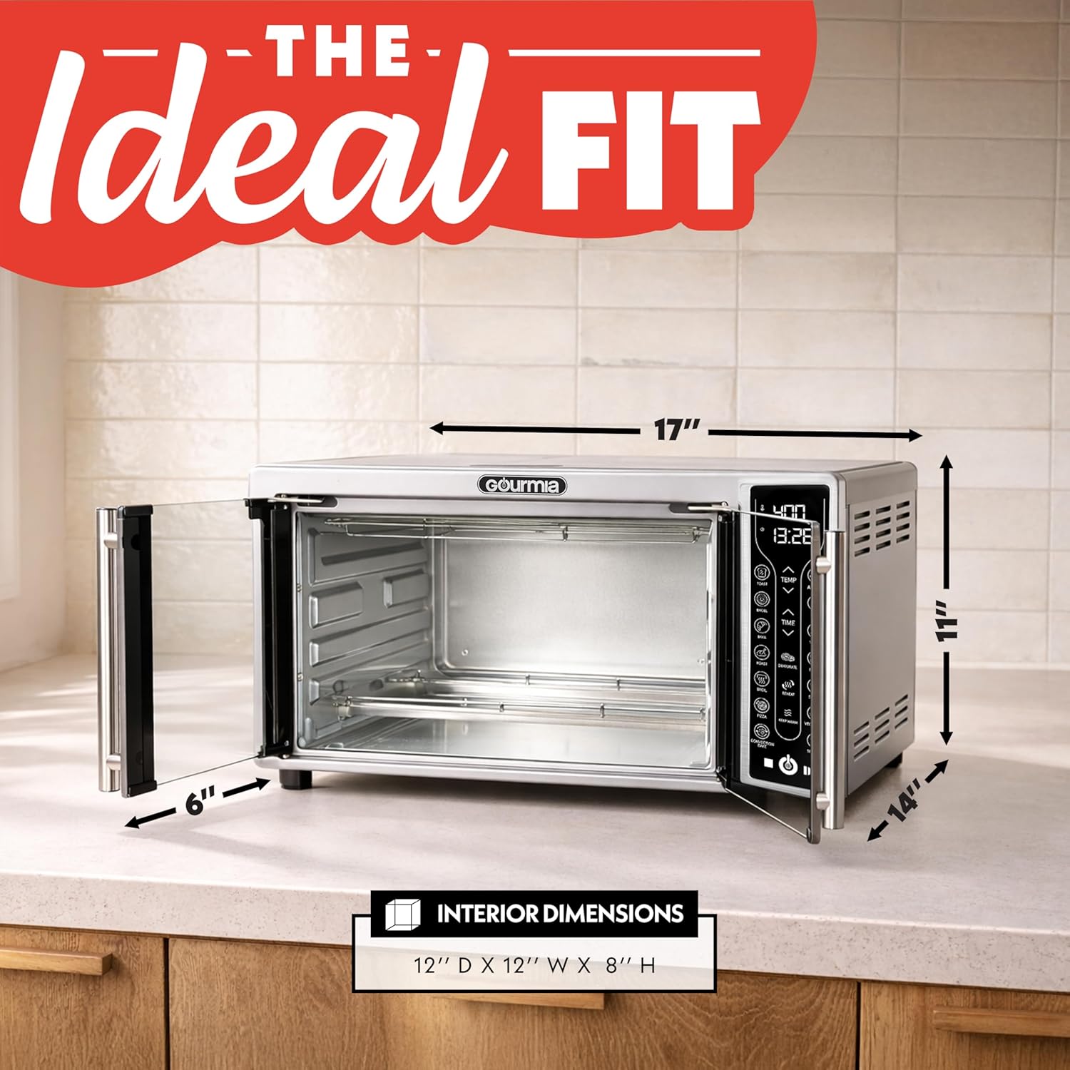 Gourmia French Door Air Fryer – 25 Qt Large Capacity Convection Oven, Fryfroce 360°, Digital Display with 17 Cooking Presets, Bake, Toast, Roast, Dehydrate, Fits 12” Pizza