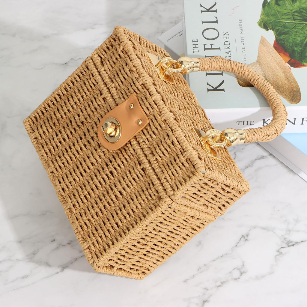 Kuang! Handwoven Rattan Bag For Women Woven Straw Square Crossbody Bag Vintage Basket Purse Beach Tote Bag