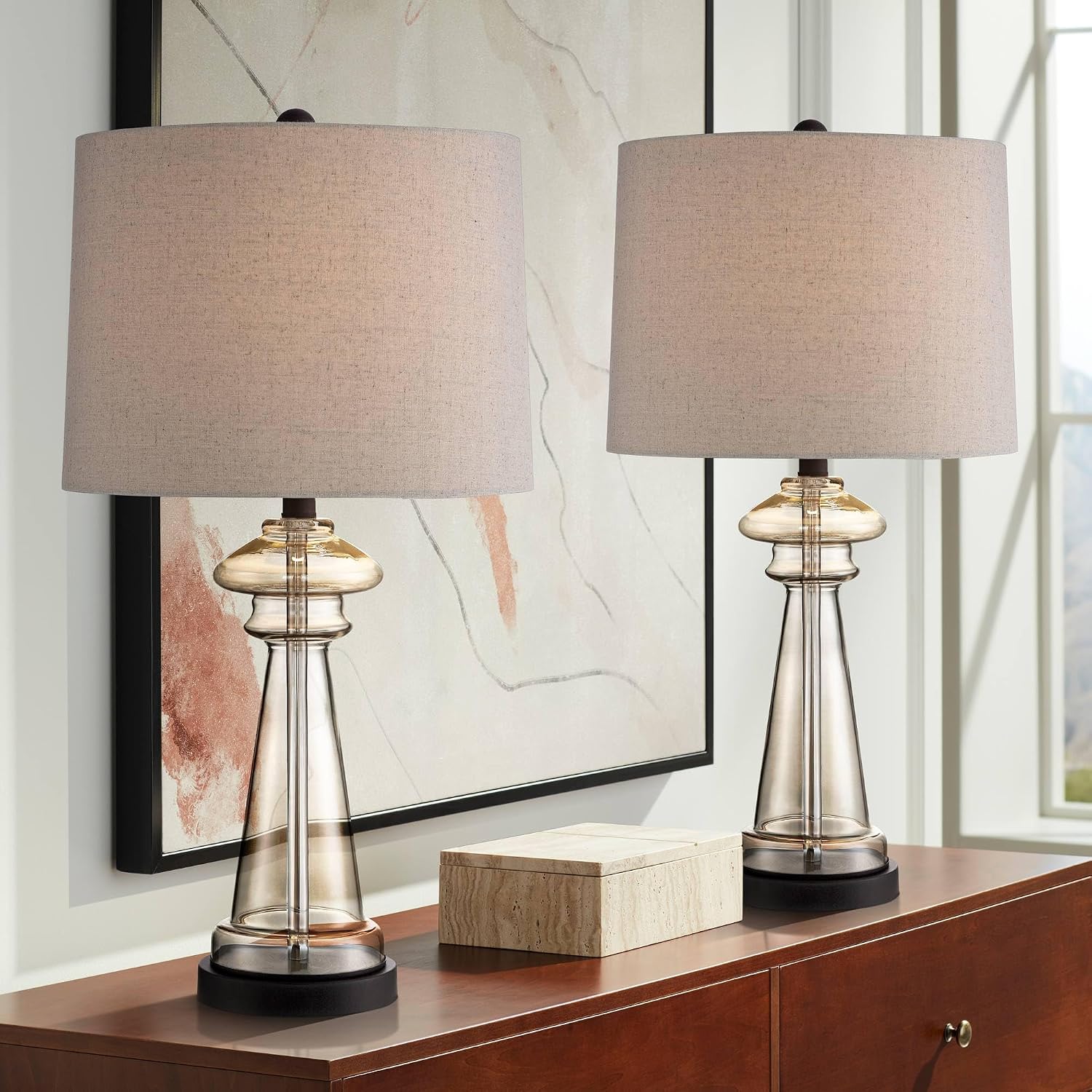 Dalia 27" Tall Table Lamps Set Of 2 Champagne Glass Country Traditional | Clear Cottage Bedroom Living Room House Bedside Nightstand Office Family Home Taupe Tapered Drum Shade