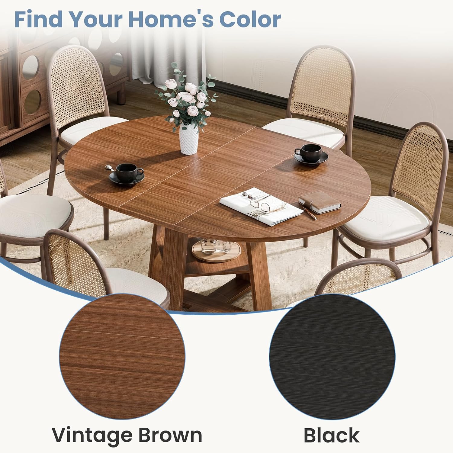Dumos Extendable Round Dining Table For 4-8, Kitchen Table Storage Shelf | Extendable Oval Wood Pedestal Base, Space Saving Modern Style For 4-8, Brown