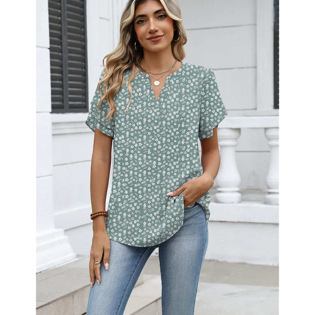 Zeagoo Womens Dressy Casual Shirts Short Sleeve V Neck Work Blouse Business Casual Summer Chiffon Tops