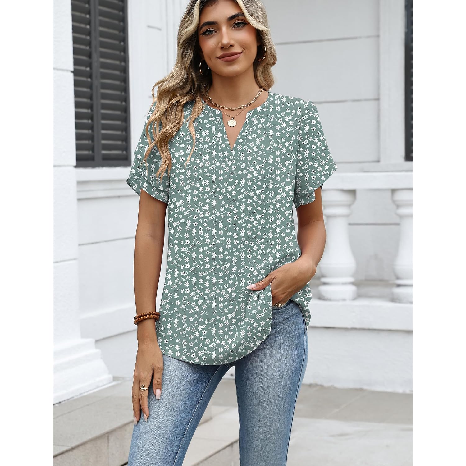 Zeagoo Womens Dressy Casual Shirts Short Sleeve V Neck Work Blouse Business Casual Summer Chiffon Tops