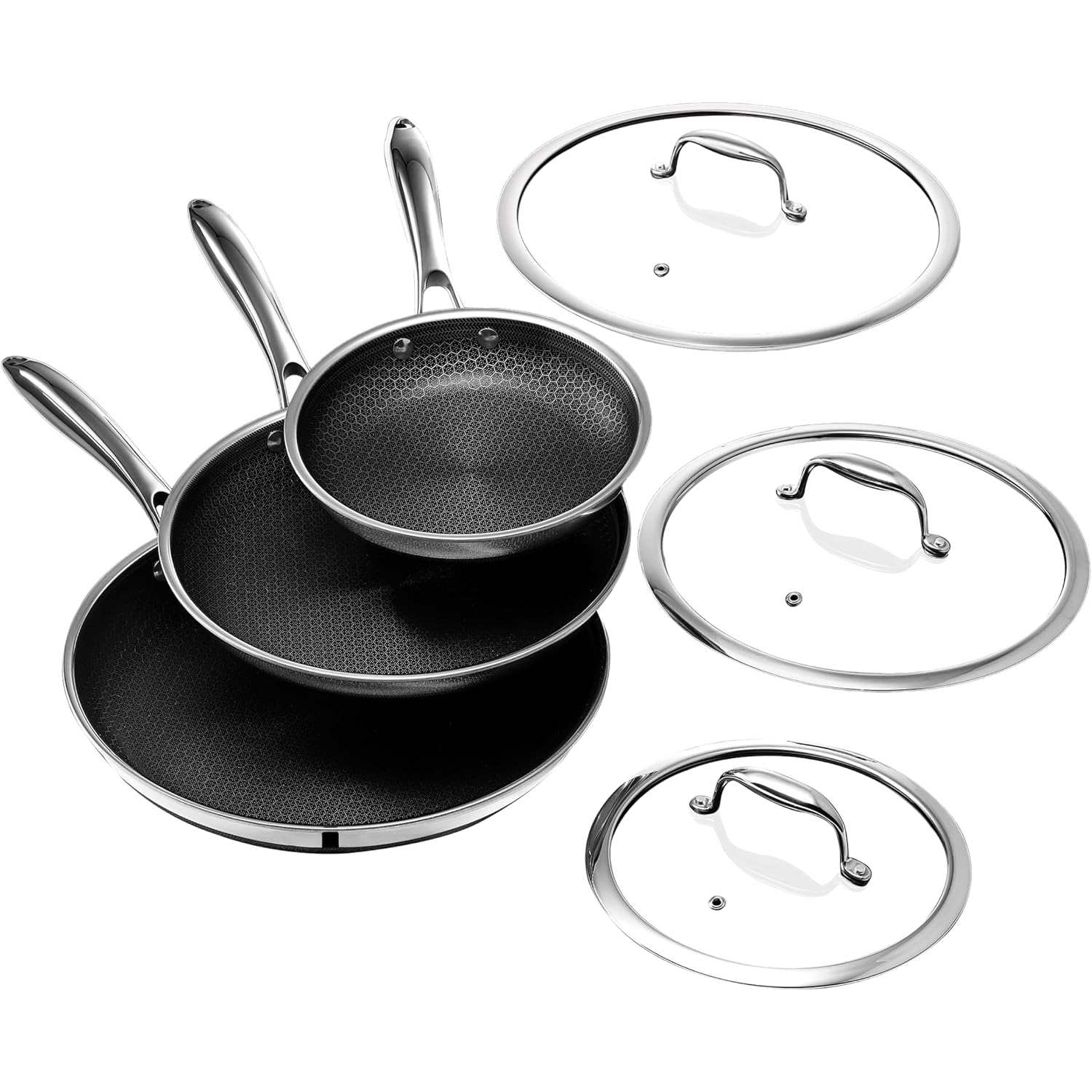 Hexclad 6 Piece Hybrid Nonstick Frying Pan Set, 8, 10 And 12-Inch Frying Pans With Lids, Stay-Cool Handles, Dishwasher And Oven Safe, Induction Ready, Compatible With All Cooktops
