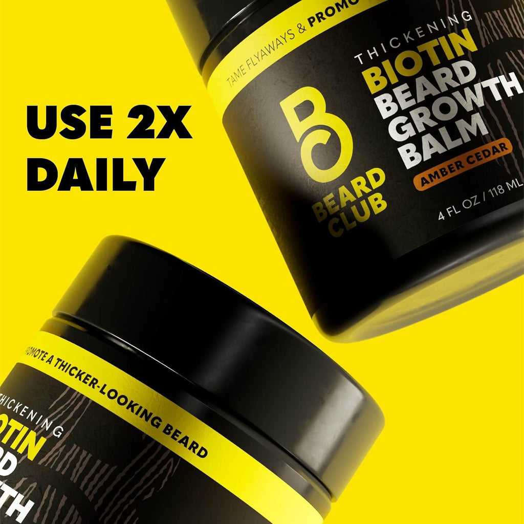 The Beard Club Biotin Beard Balm for Men - Beard Growth Shea Butter with Castor & Coconut Oil - Moisturizing, Hydrating and Softening Cream - Amber Cedar Scent - 4 oz