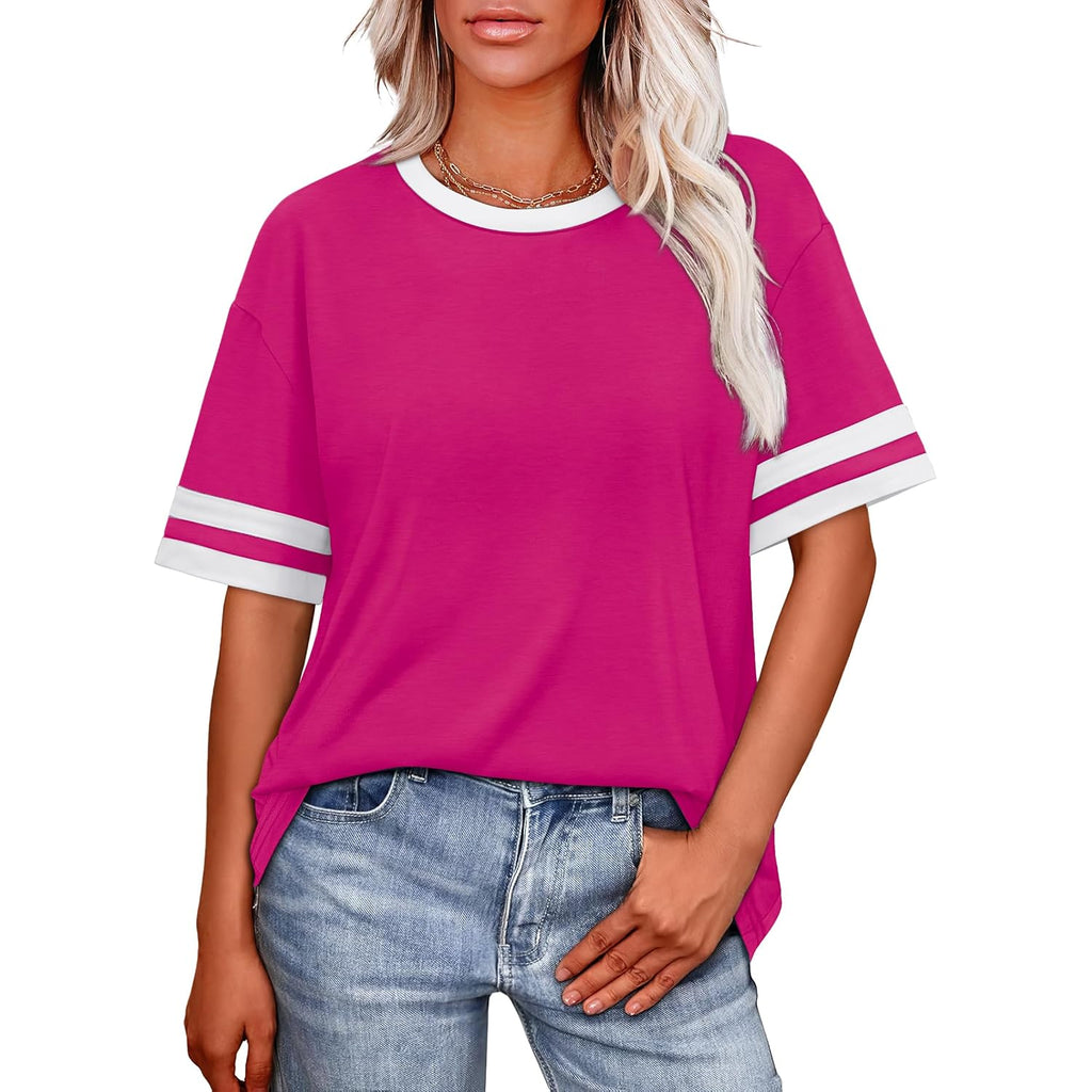 Wiholl Womens T Shirts Loose Fit Short Sleeve Tees Crew Neck Color Block Summer Tops 2026 Fashion