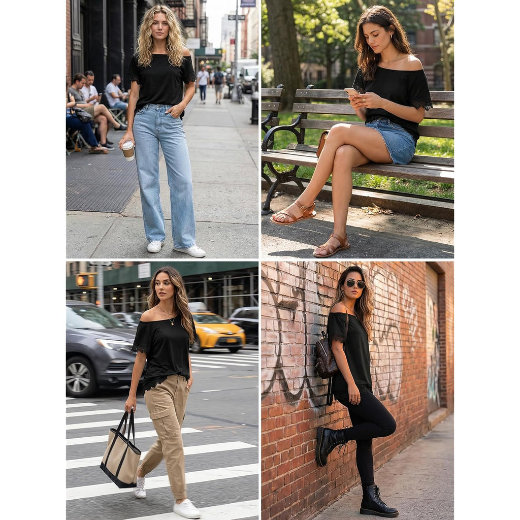 Womens Summer Tops 2026 Oversized Short Sleeve Shirts Casual Loose Lace Patchwork Tshirt Fashion Outfits