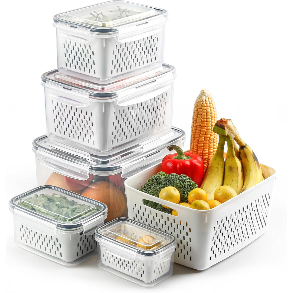 5 Set Fruit Storage Containers For Fridge With Colanders Dishwasher Safe, Leakproof Fruit And Vegetable Storage Bpa-Free Plastic, Produce Storage Keep Berry Fruit Veggie Meat Fresh