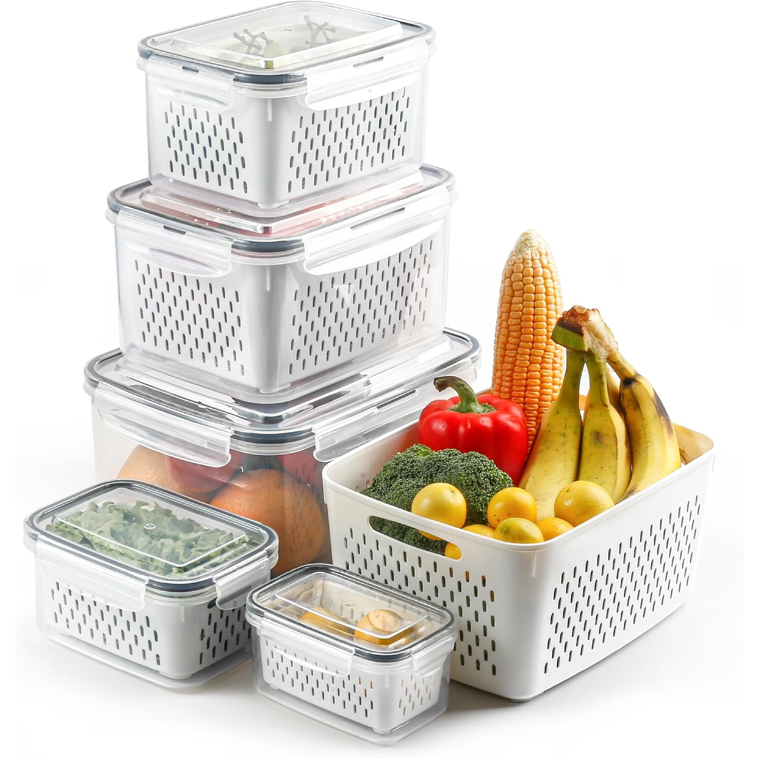 5 Set Fruit Storage Containers For Fridge With Colanders Dishwasher Safe, Leakproof Fruit And Vegetable Storage Bpa-Free Plastic, Produce Storage Keep Berry Fruit Veggie Meat Fresh
