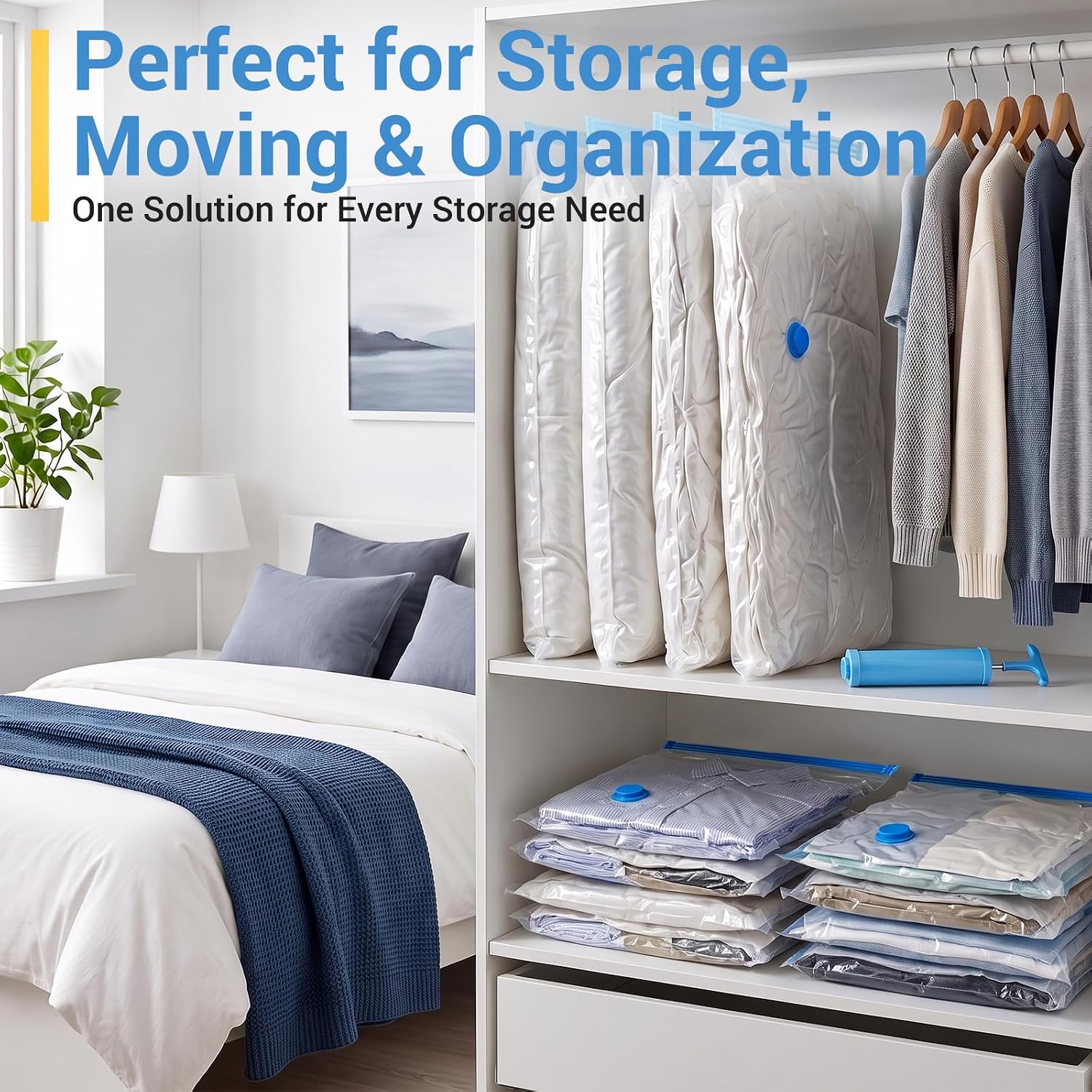 Vacuum Storage Bags With Hand Pump, Plastic Packaging Bags, 80% Space Saver Vacuum Seal Bags For Clothing, Travel Lugggage, Blankets, Comforters, 20 Combo