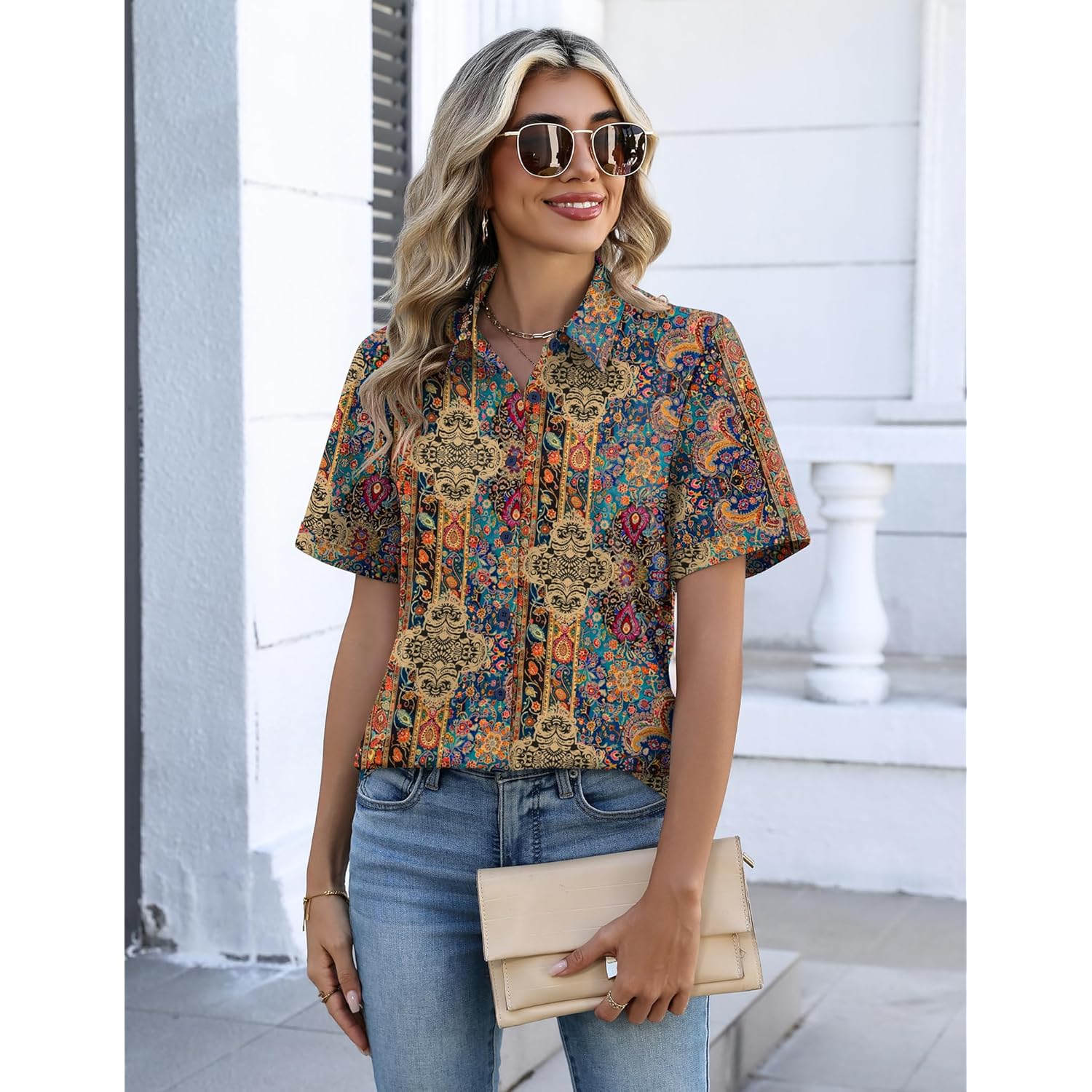 Button Down Shirts for Women Short Sleeve Collared Tops Dressy Casual V Neck Blouses