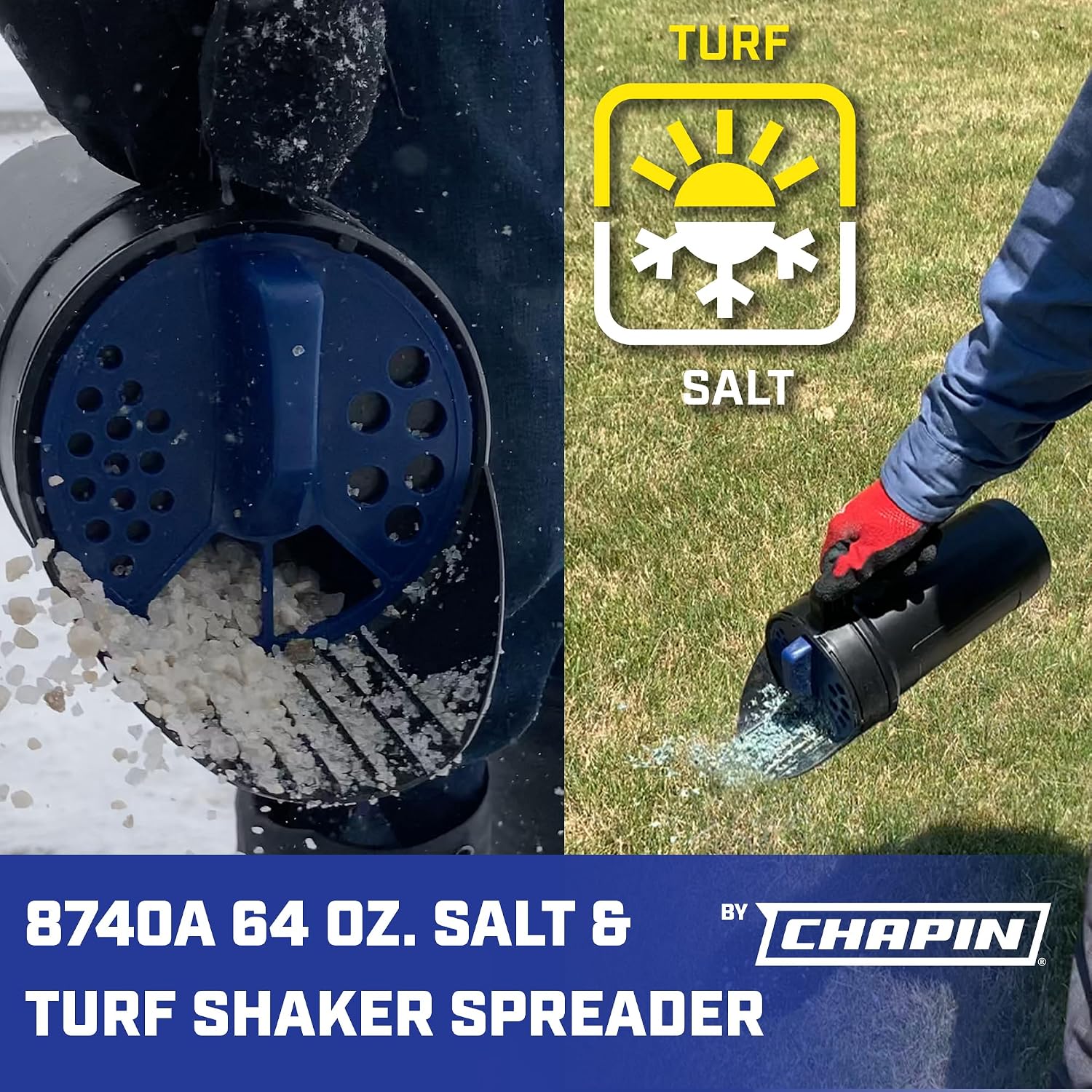 Chapin 8740A: 64-Ounce Black Poly Hand Shaker Spreader For Turf, Fertilizer, Grass Seed, Salt And Sand, Year-Round Use, Large Grip Handle With 3 Openings For Pellets And Particles