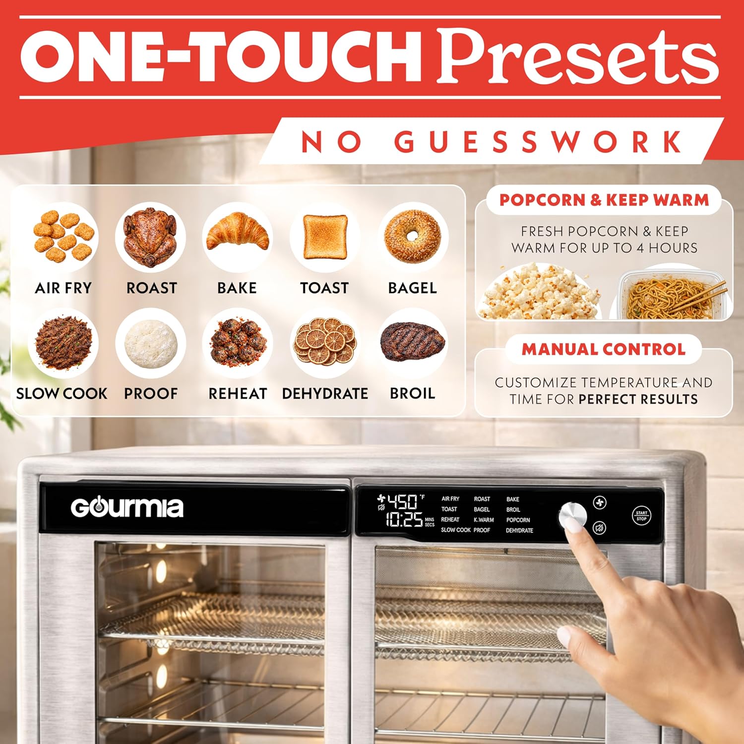 Gourmia French Door Air Fryer Oven - 37 Qt Large Capacity Convection Toaster Oven, Fryforce 360°, Digital Display, 12 Cooking Presets, Dehydrate, Fits 13” Pizza, Dishwasher-Safe, Stainless Steel