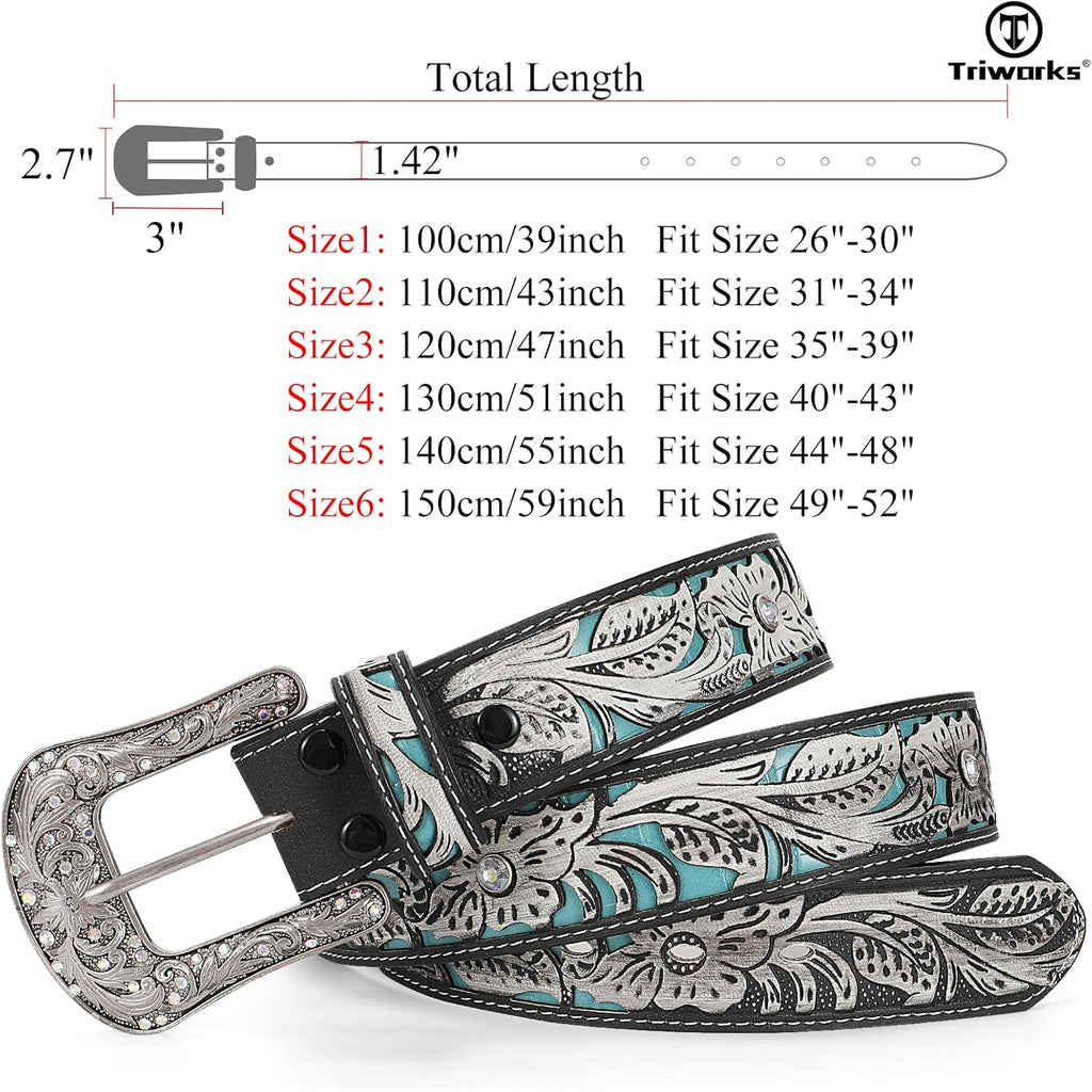 TRIWORKS Western Belts for Women Cowgirl,Cowboy Bling Country Turquoise Belts for Jeans Pants Dresses
