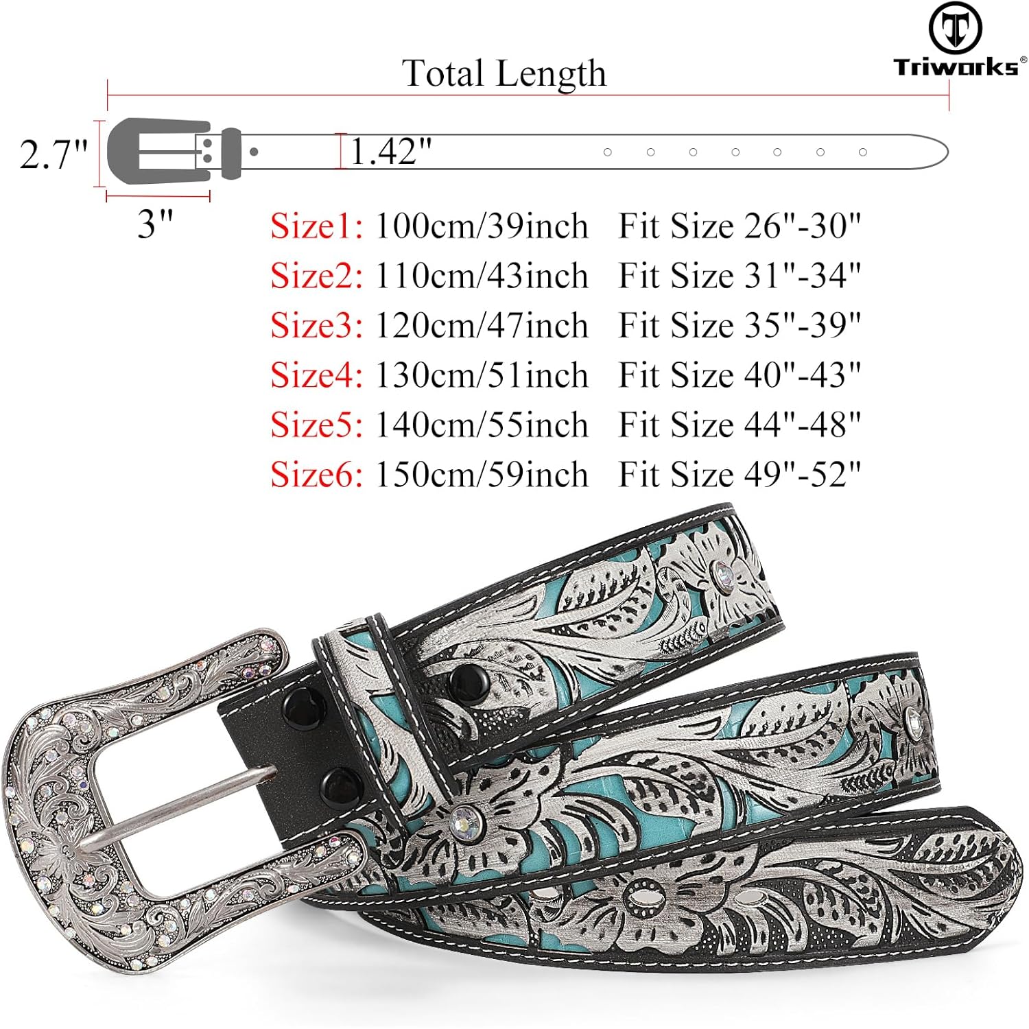TRIWORKS Western Belts for Women Cowgirl,Cowboy Bling Country Turquoise Belts for Jeans Pants Dresses