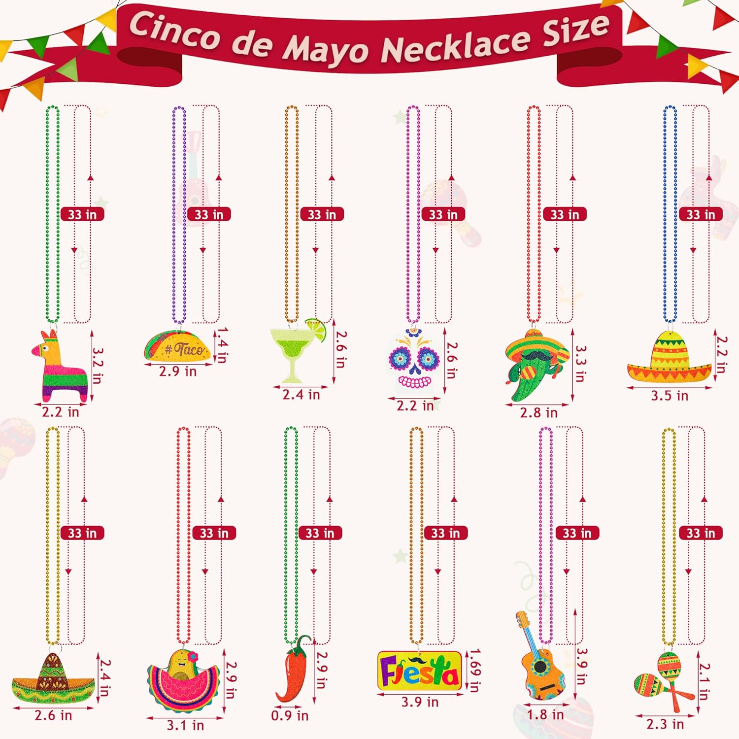 36PCS Cinco de Mayo Party Favors, Fiesta Bead Necklace Decorations, 12 Kinds of Metallic Fiesta Mexican Necklace Party Supplies, Fiesta Cactus Pinata Maracas Accessories for Cinco de Mayo Party Favors