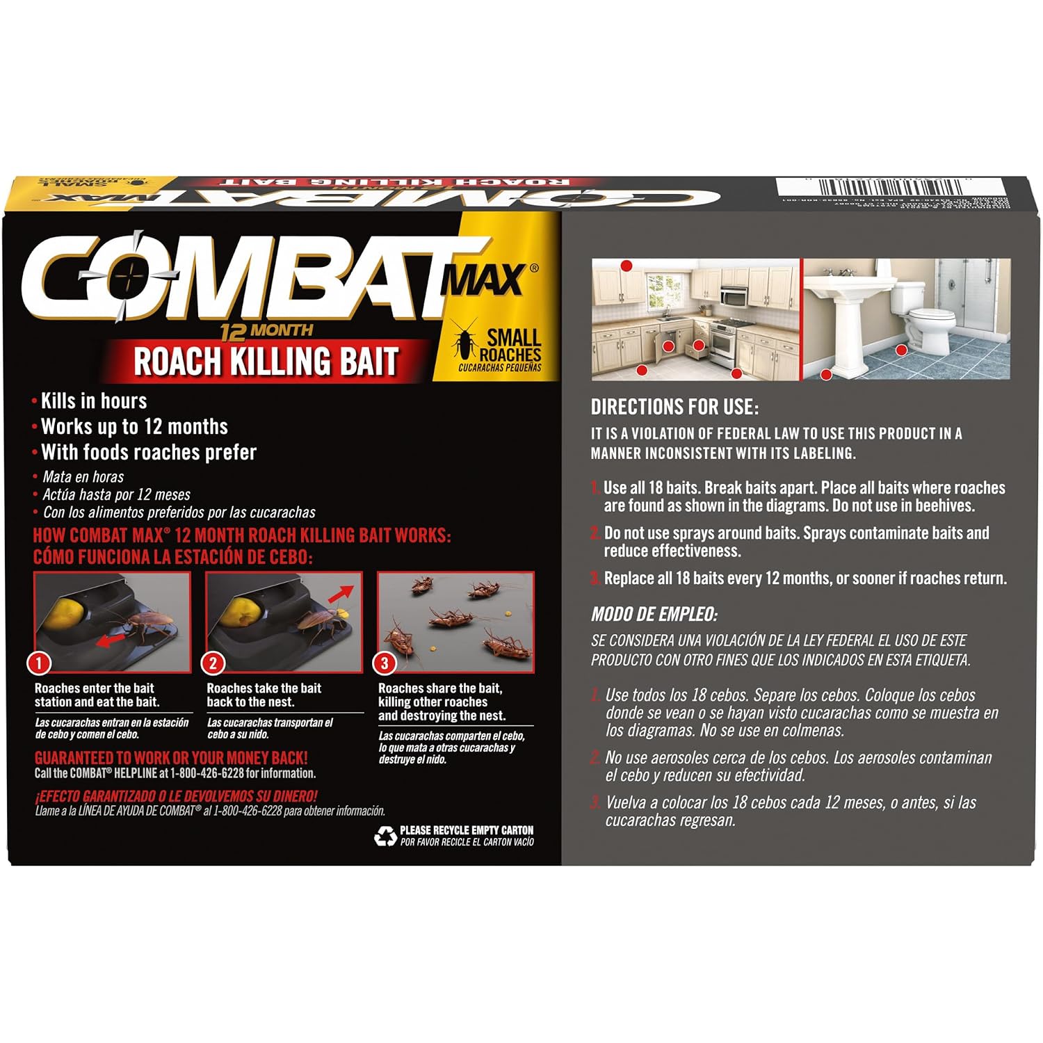 Combat Max 12 Month Roach Killing Bait, Small Roach Bait Station, 18 Count, Child-Resistant, Fast-Acting Fipronil Cockroach Killer & Nest Destroyer, No Vapor, Fumes Or Odor, Mess-Free