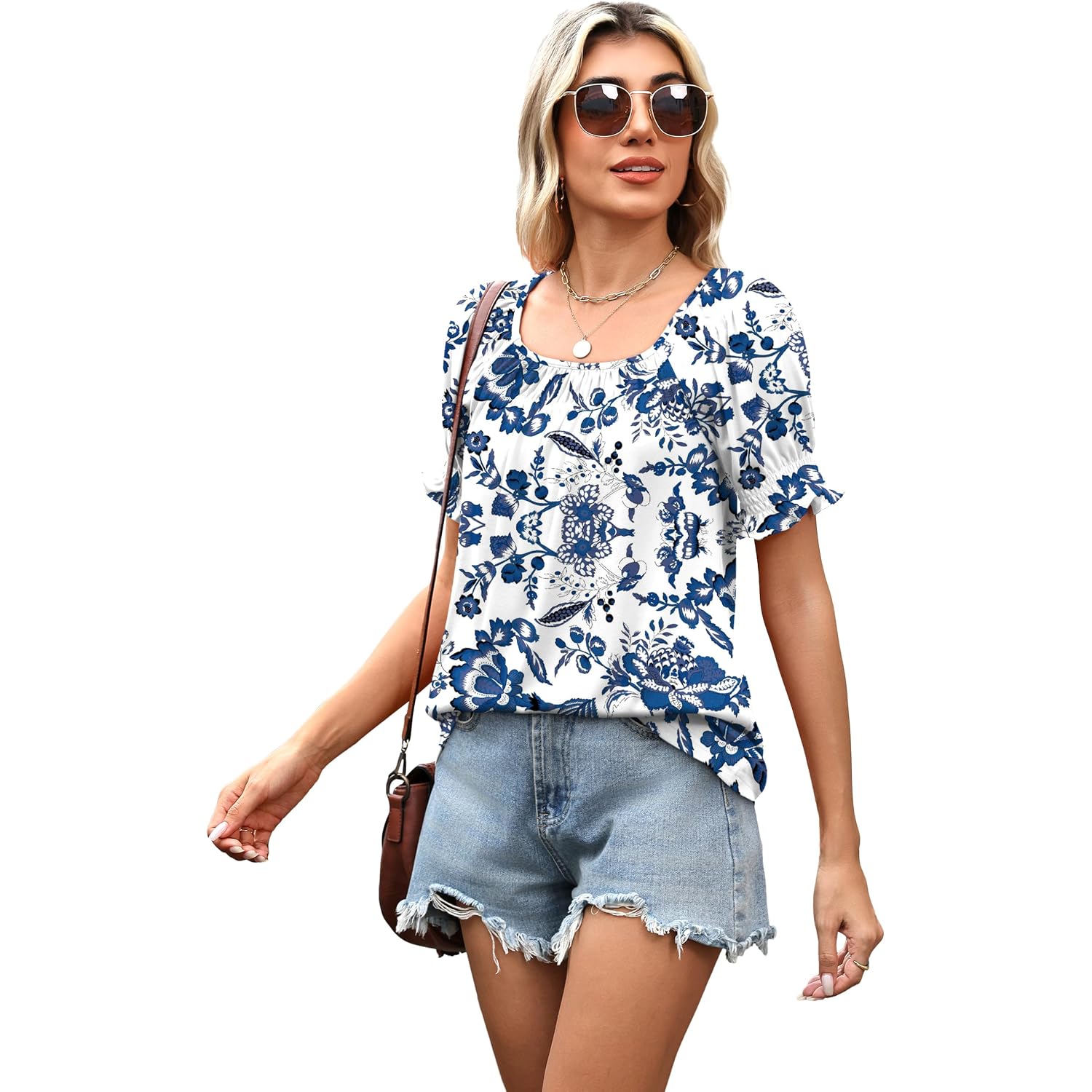 WIHOLL Womens Short Sleeve Square Neck Summer Tops Dressy Casual Blouses Trendy Clothes 2026 B - Blue Floral Print