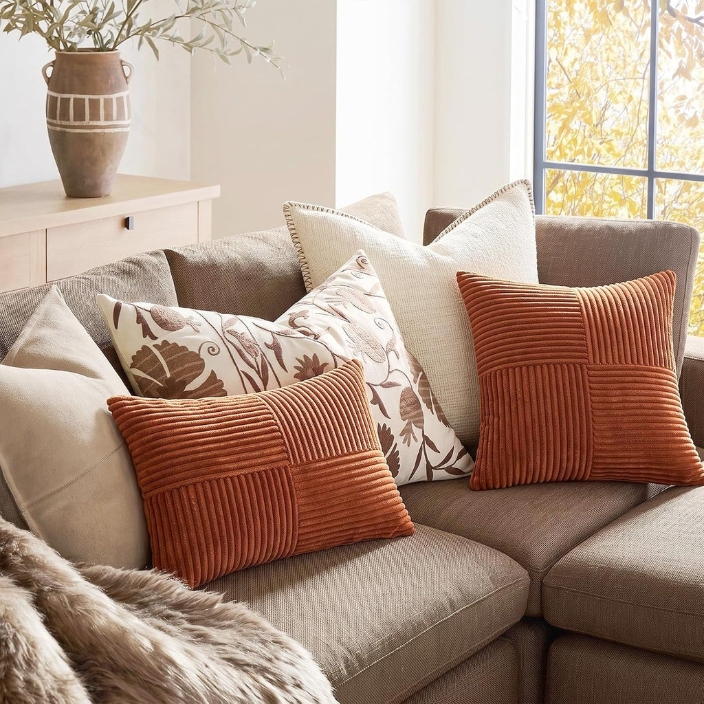 Fancy Homi 2 Packs Rust Boho Decorative Throw Pillow Covers 18X18 Inch For Couch Bed Sofa, Farmhouse Fall Home Decor, Soft Corss Corduroy Patchwork Textured Terracotta Accent Cushion Case 45X45 Cm
