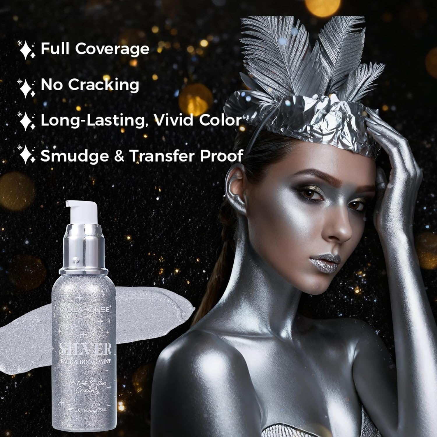 Silver Face Body Paint, Washable, Long-Lasting Highly Pigmented, Water Based Full Body Paint, For Halloween Carnival Stage Sfx Special Effects Cosplay Makeup 2.64Fl.Oz/75 Ml (Silver)
