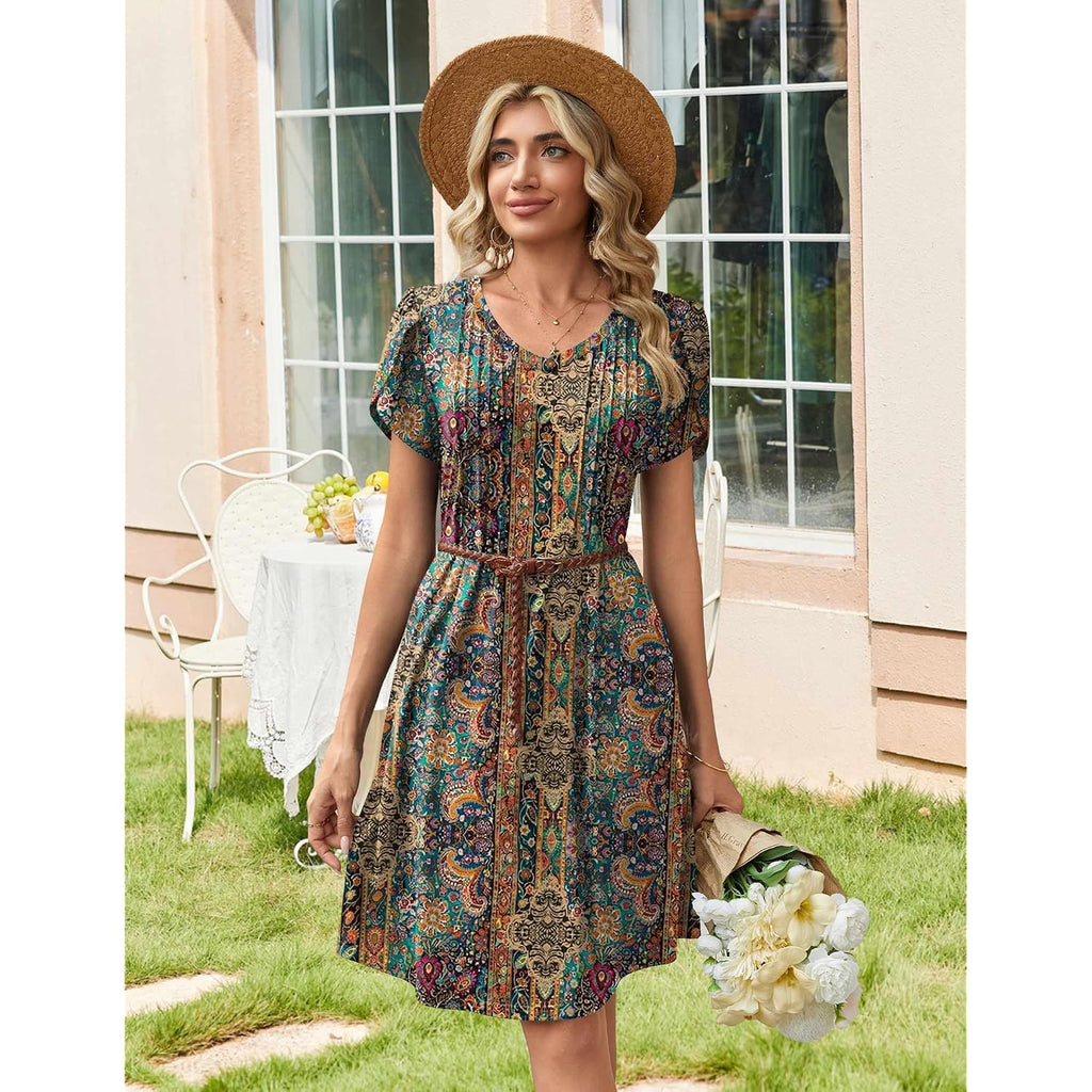 Zeagoo Summer Dresses For Women Casual A Line Dress 2026 V Neck Short Dresses Floral Sundress Pleated Boho Dress