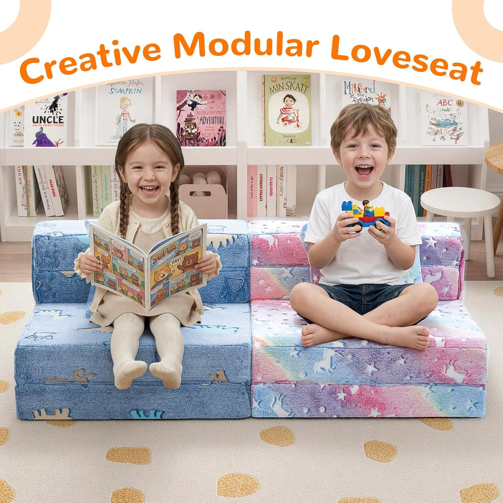 Memorecool Glow Rainbow Unicorn Tri-Fold Sofa Bed For Kids, Foldable Futon Mattress, Chair, And Floor Couch For Playroom