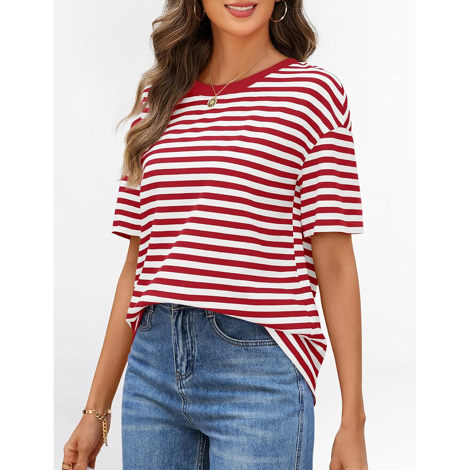 Merokeety Women'S 2026 Summer Short Sleeve Tops Casual Colourful Striped Crewneck Loose Work T Shirts Blouses