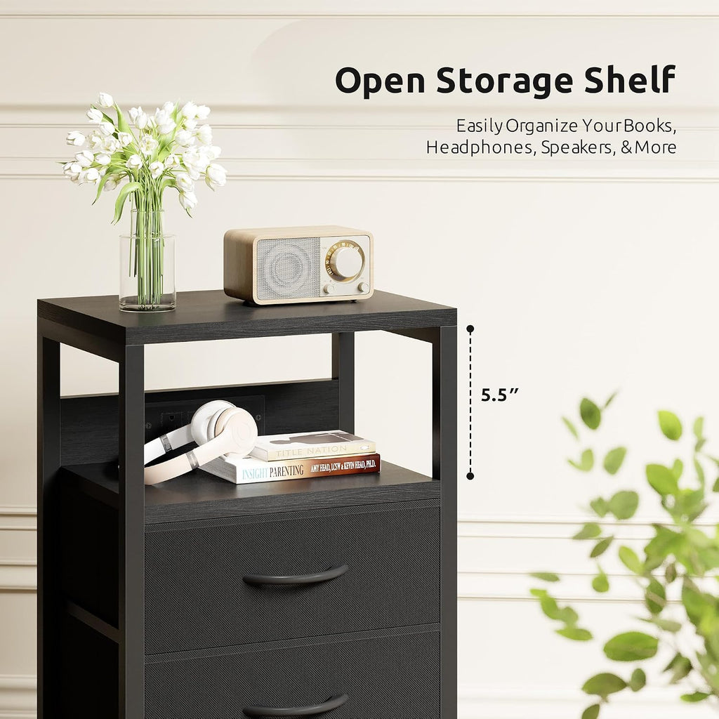 Night Stand With Charger Station For Bedroom, Black Nightstand | Bedside Table, Open Shelf, 2 Fabric Drawers, Built In Usb-A, Usb-C Port & Ac Outlets, For Dorm, Living Room, Bedroom