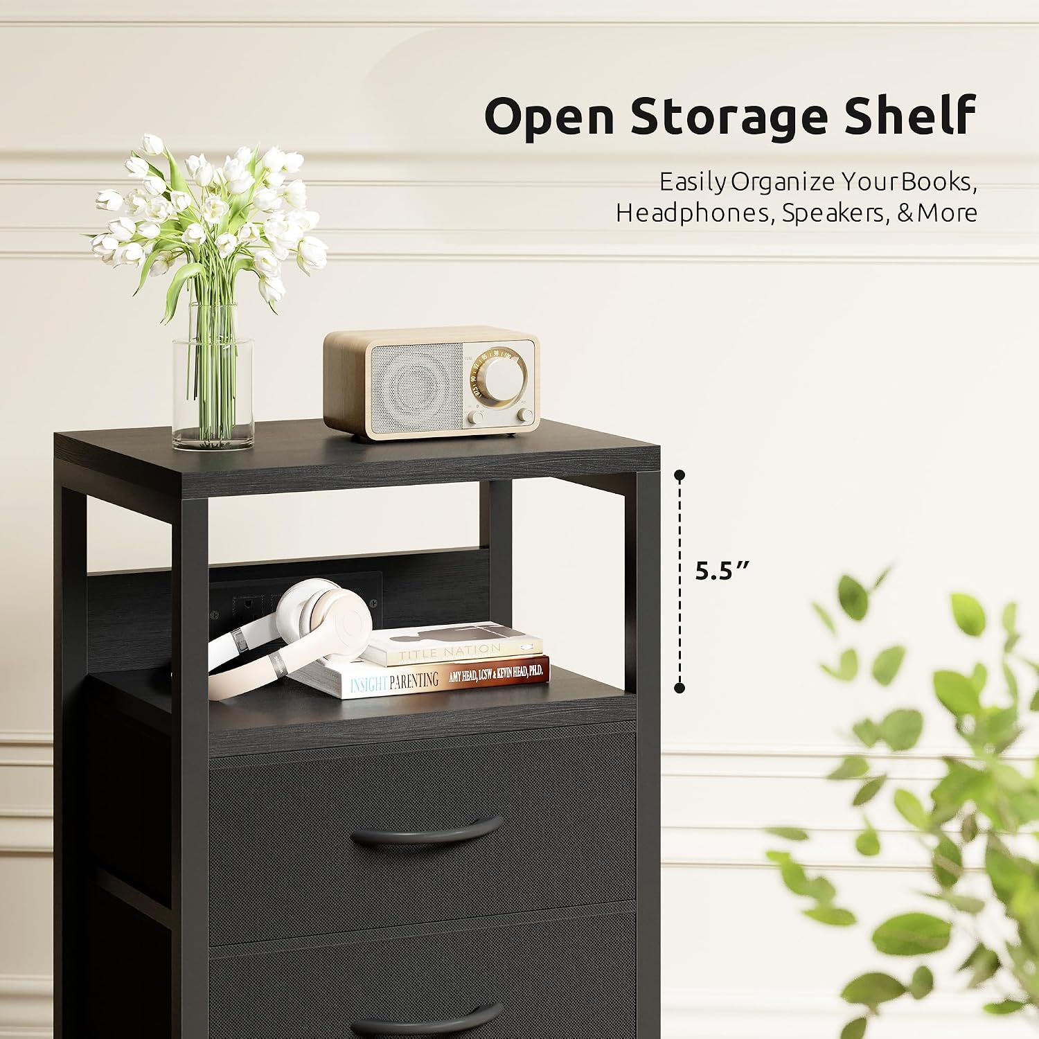 Night Stand With Charger Station For Bedroom, Black Nightstand | Bedside Table, Open Shelf, 2 Fabric Drawers, Built In Usb-A, Usb-C Port & Ac Outlets, For Dorm, Living Room, Bedroom