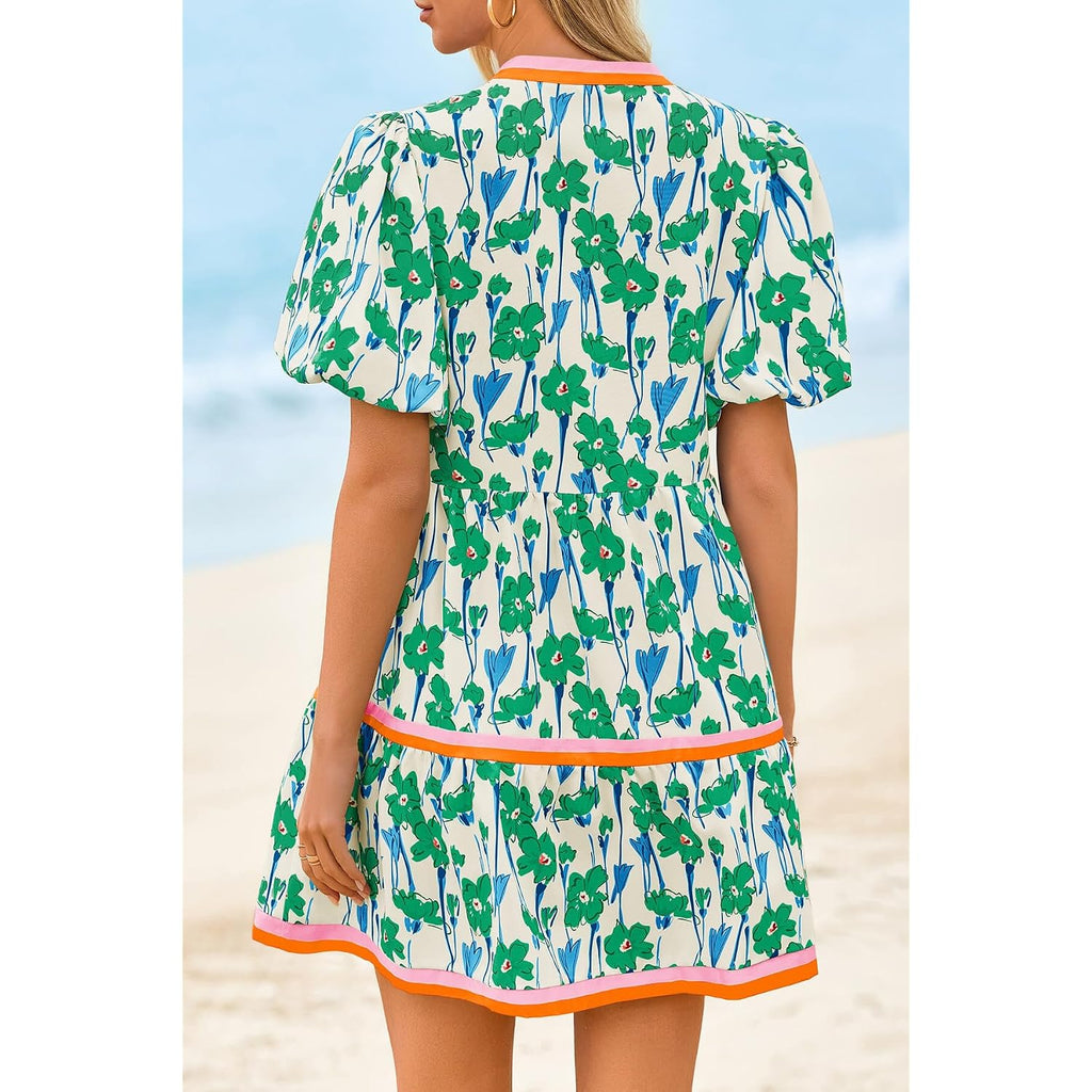 Cicy Bell Womens V Neck Floral Mini Dress Short Puff Sleeve Patchwork Summer Casual Boho Dresses