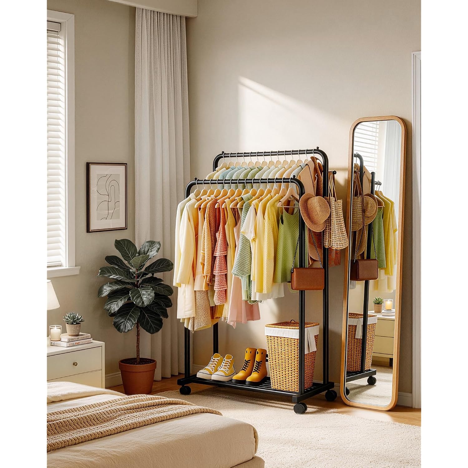 Clothes Rack - Double Rods Clothing Rack With Mesh Shelf, Hooks & Wheels, Metal Clothing Racks For Hanging Clothes & Bags, Multifunctional Garment Rack For Laundry, Black, 28.7" X 16.5" X 59.1"