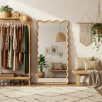Full Length Mirror, 55"X28" Boho Wavy Wood Floor Mirror, For Bathroom, Bedroom, Living Room, Cloakroom, Entryway