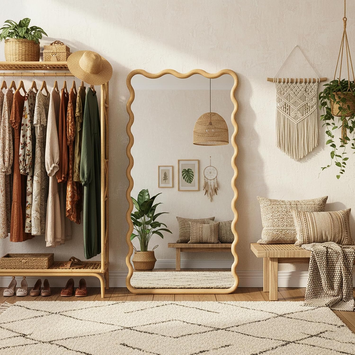 Full Length Mirror, 55"X28" Boho Wavy Wood Floor Mirror, For Bathroom, Bedroom, Living Room, Cloakroom, Entryway