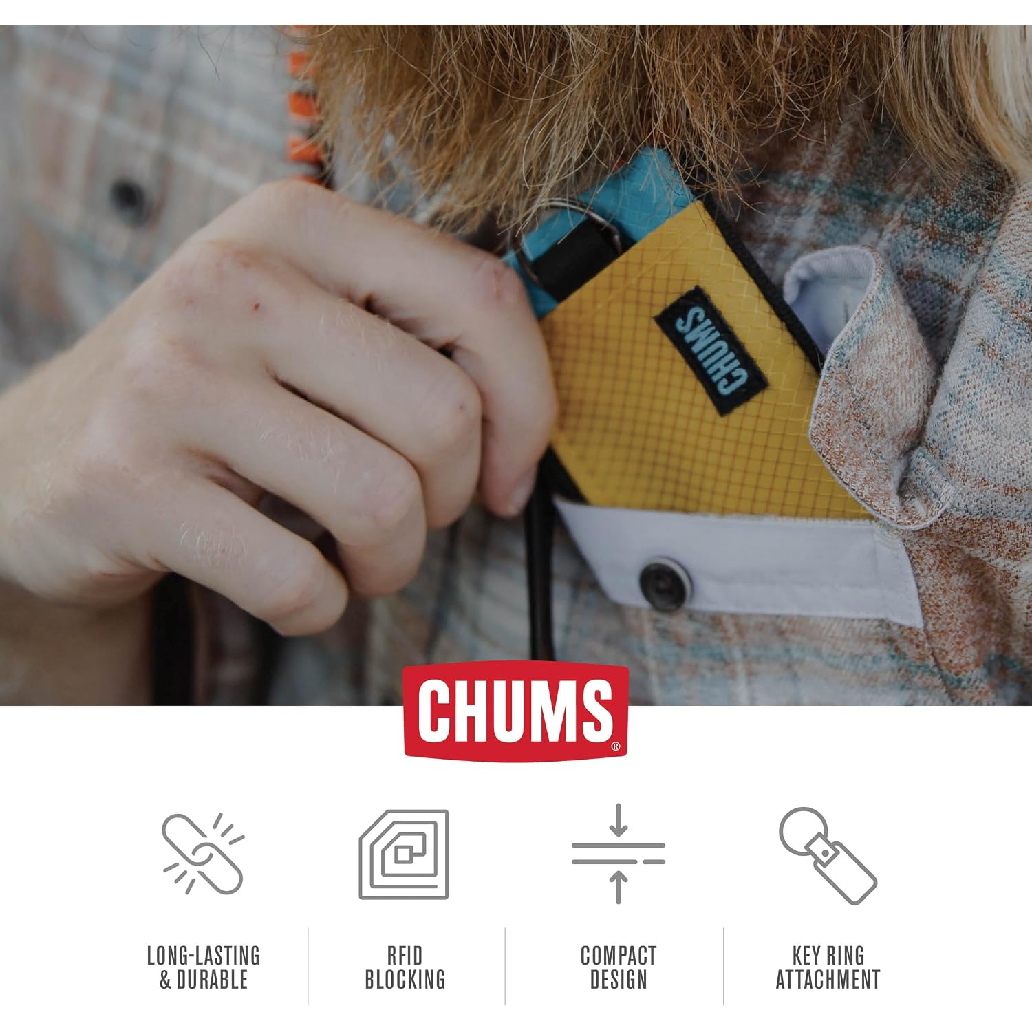 Chums Surfshorts Wallet - Solid Colors Collection, Lightweight Slim Wallet With Rfid Blocking Card & Clear Id Window - Zippered Minimalist Wallet W/Key Ring