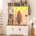 Cszzd Hall Tree With Bench And Shoe Storage, Farmhouse Entryway Bench With Coat Racks And Led Lights, Tall Hall Tree With 7 Coat Hooks, 6 Storage Cubbies, Adjustable Shelf