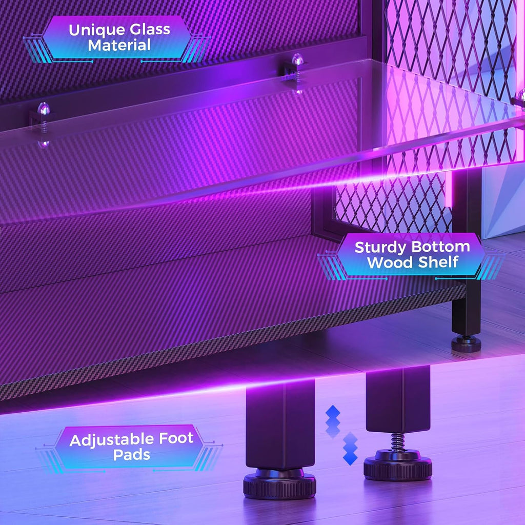 Aodk Display Case With Led Lights, Display Cabinet With Glass Storage Shelves And Industrial Metal Mesh, 4-Tier Display Shelf For Collectibles, Curio Cabinet With Open Shelf, Black Book Shelf
