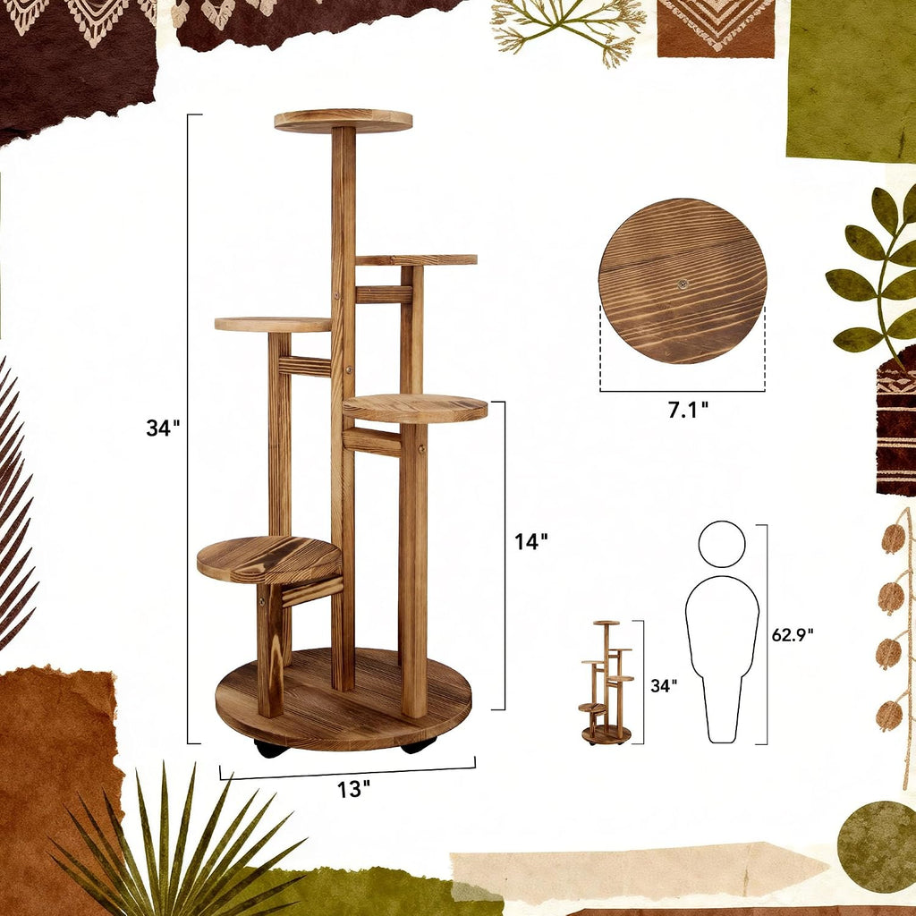 5 Tiered Tall Plant Stand For Indoor, Wood Plant Shelf Corner Display Rack, Multi-Tier Planter Pot Holder Flower Stand For Living Room Balcony Garden Patio (Brown)