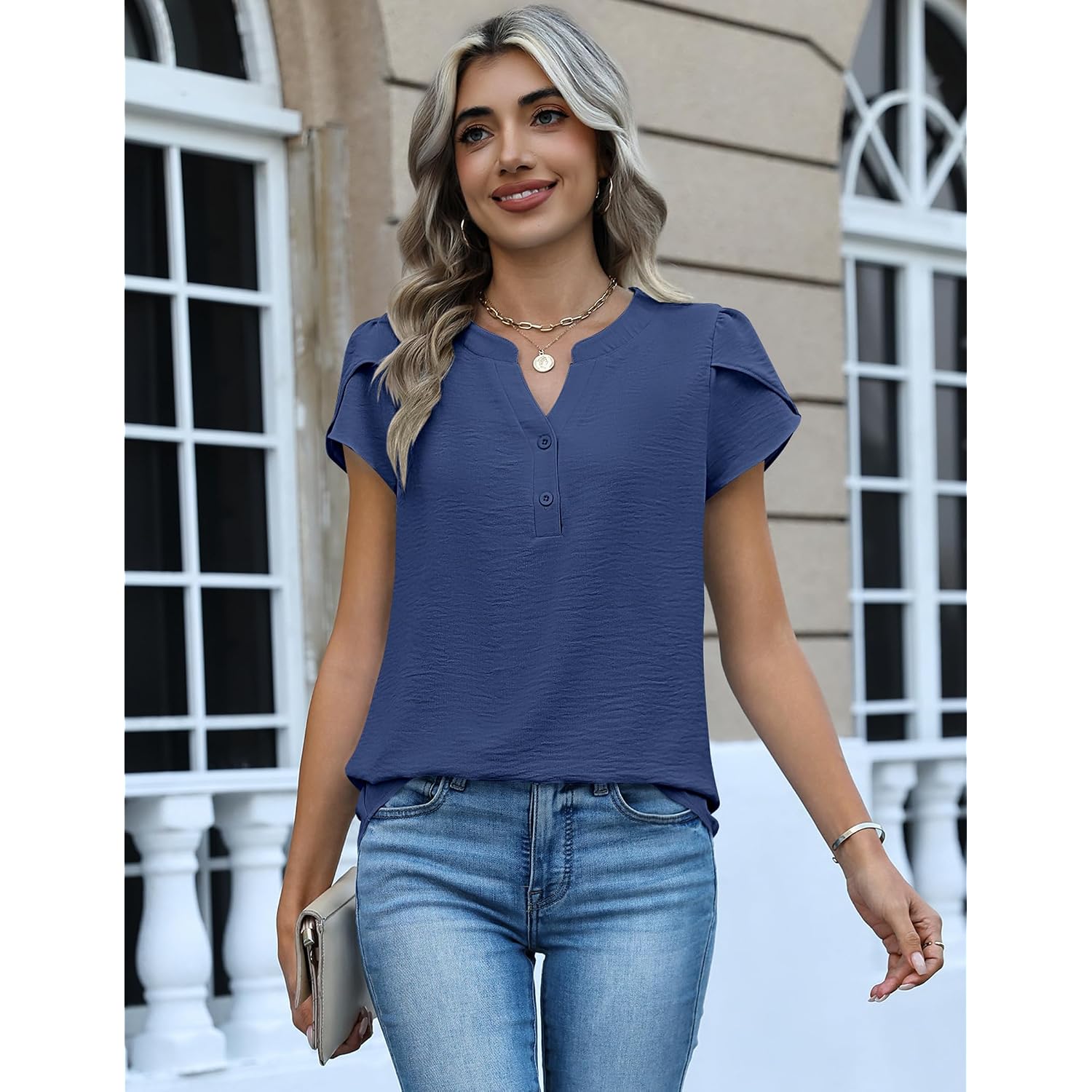 Zeagoo Womens Tops Dressy Casual Textured Blouses Cap Short Sleeve Shirts V Neck Button Up Summer Spring Work Tshirt Clothes