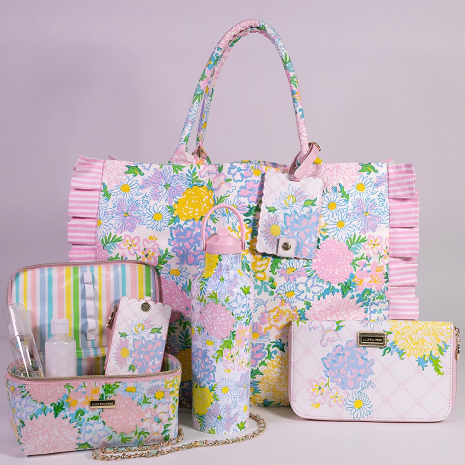 Lilly Pulitzer Ruffle Tote Bag, Cotton Canvas Shoulder Tote with Ruffle Detail, Flat Base, Durable Straps, Large Carryall for Travel & Everyday Use (Lilly Garden Home)