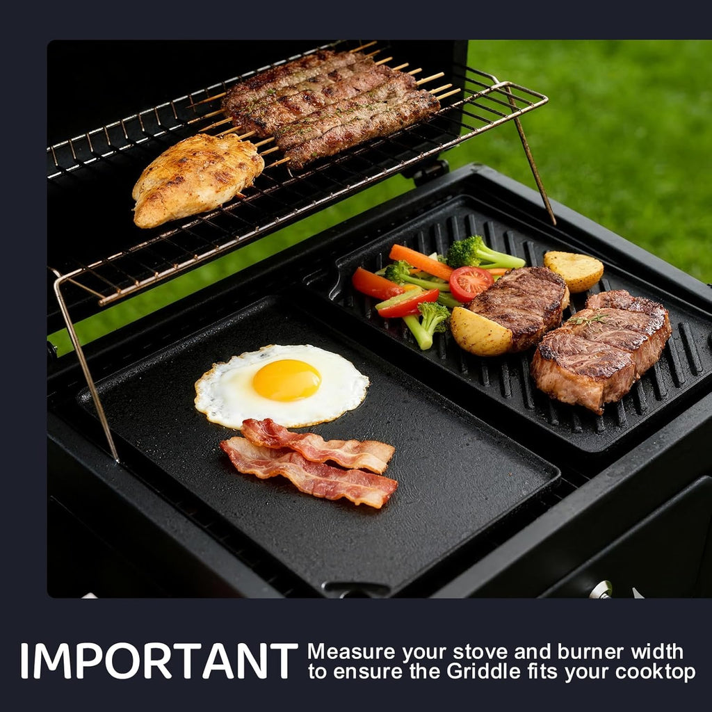 EWFEN Reversible Grill/Griddle, 16.7x9.5'' Pre-Seasoned Cast Iron Griddle Pan, Double Burner Cookware, Rectangular Non-Stick Stovetop Griddle with Handles, Flat Top Plate for Oven, Grill & Campfire