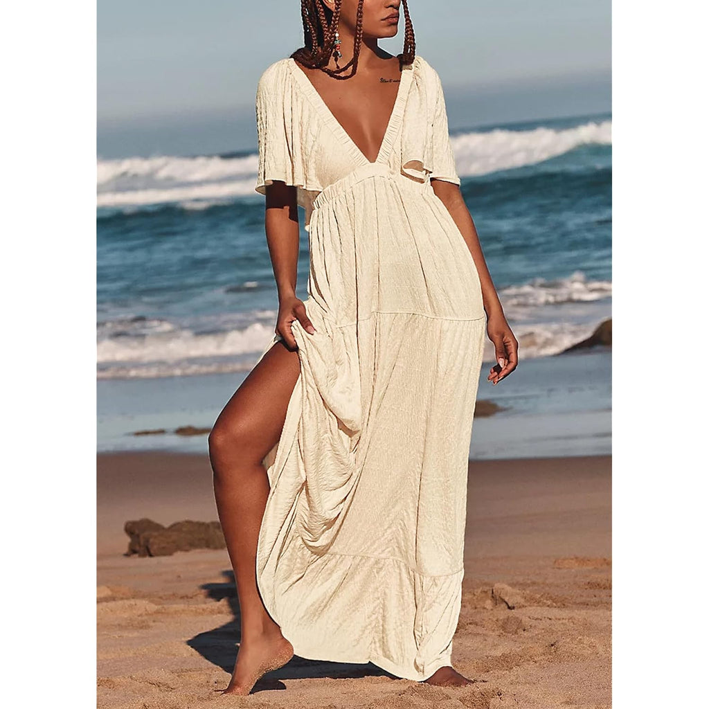 Kikibell Women Summer Dresses Sexy V-Neck Maxi Dress Tiered Silhouette With Flutter Sleeve Backless Elastic Waist Flowy Dress