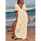 Kikibell Women Summer Dresses Sexy V-Neck Maxi Dress Tiered Silhouette With Flutter Sleeve Backless Elastic Waist Flowy Dress