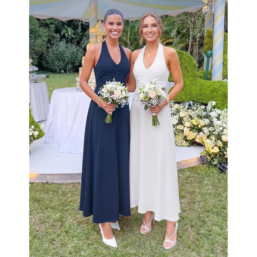 Merokeety Women'S Formal Halter Maxi Dress 2026 Summer Backless Sleeveless V Neck Ruched Cocktail Wedding Guest Dresses