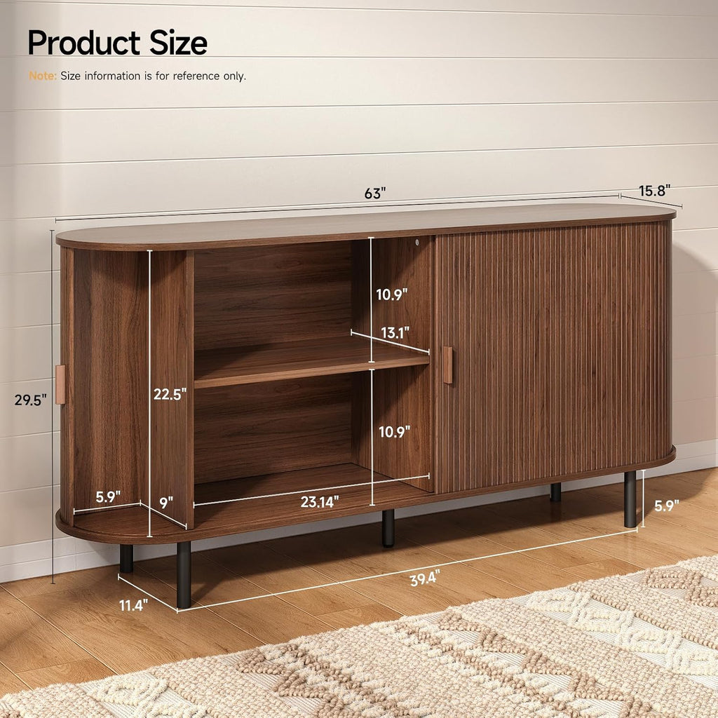63" Sideboard Buffet Cabinet With Storage, Storage Cabinet With Sliding Door & Adjustable Shelf, Modern Accent Coffee Bar Console Table For Kitchen, Entryway, Walnut