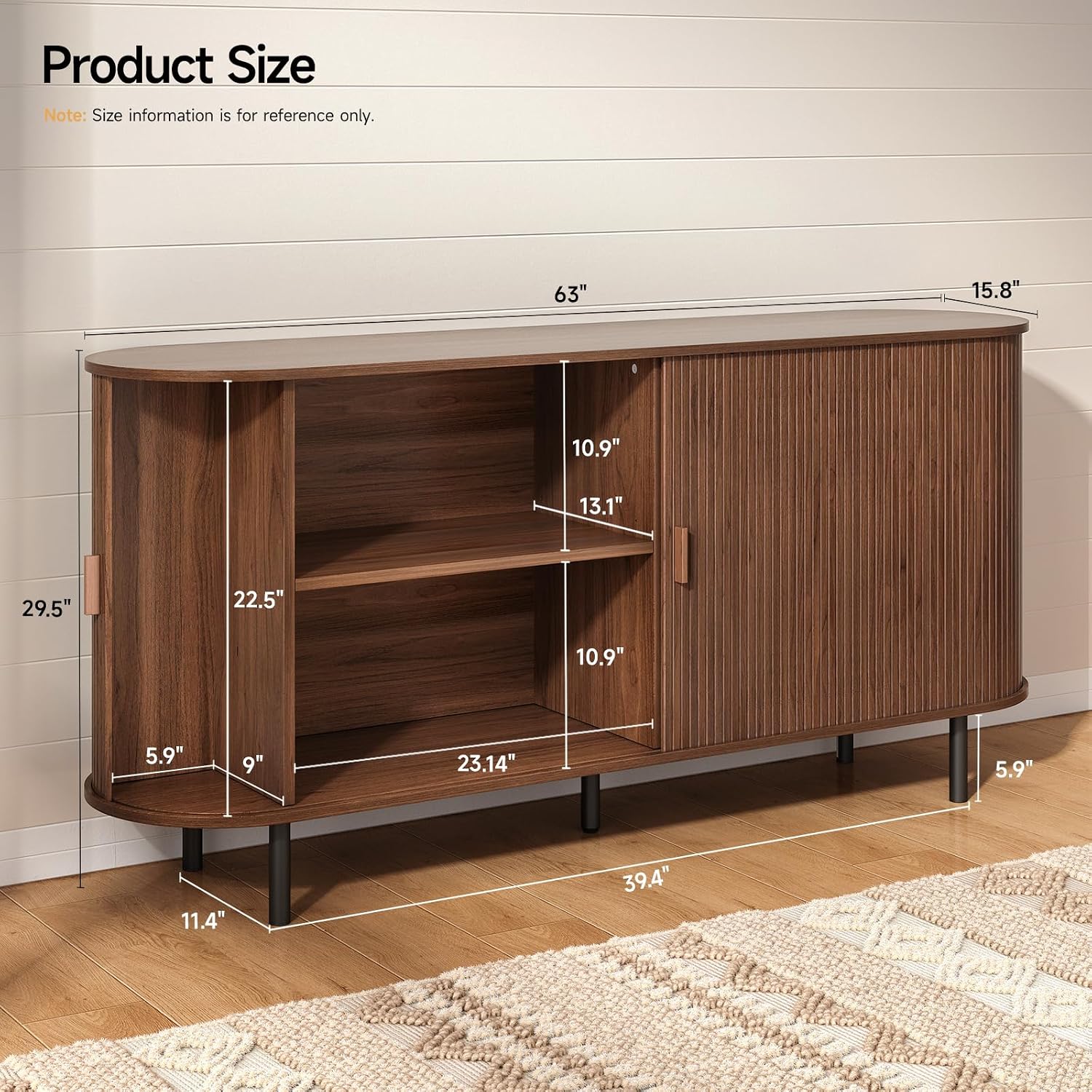 63" Sideboard Buffet Cabinet With Storage, Storage Cabinet With Sliding Door & Adjustable Shelf, Modern Accent Coffee Bar Console Table For Kitchen, Entryway, Walnut
