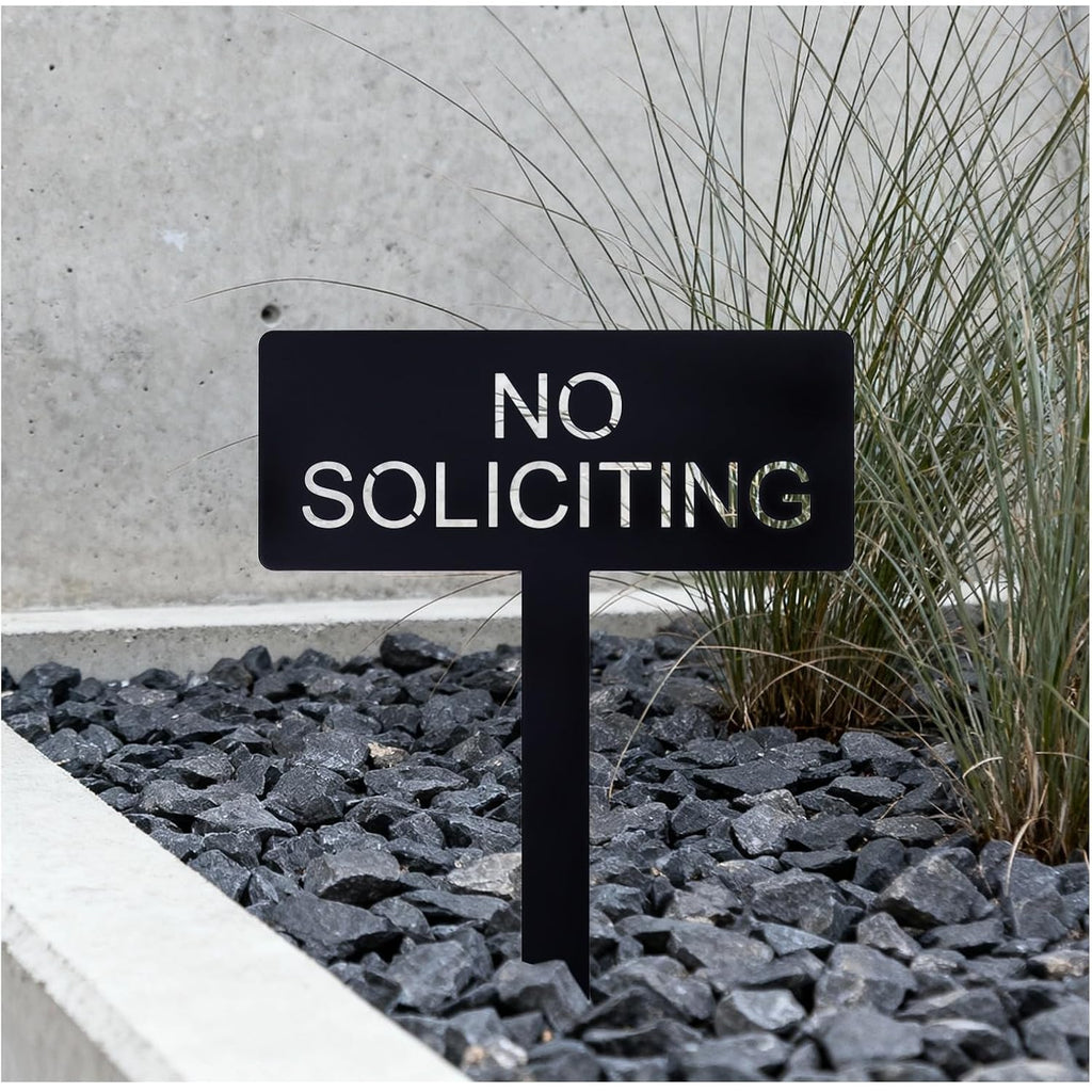 No Soliciting Metal Yard Sign For House, Modern Steel No Soliciting Sign, Outdoor No Soliciting Yard Sign For Front Yard Or Planter, 4.1” X 10.6” With 10.2” Stake, Black