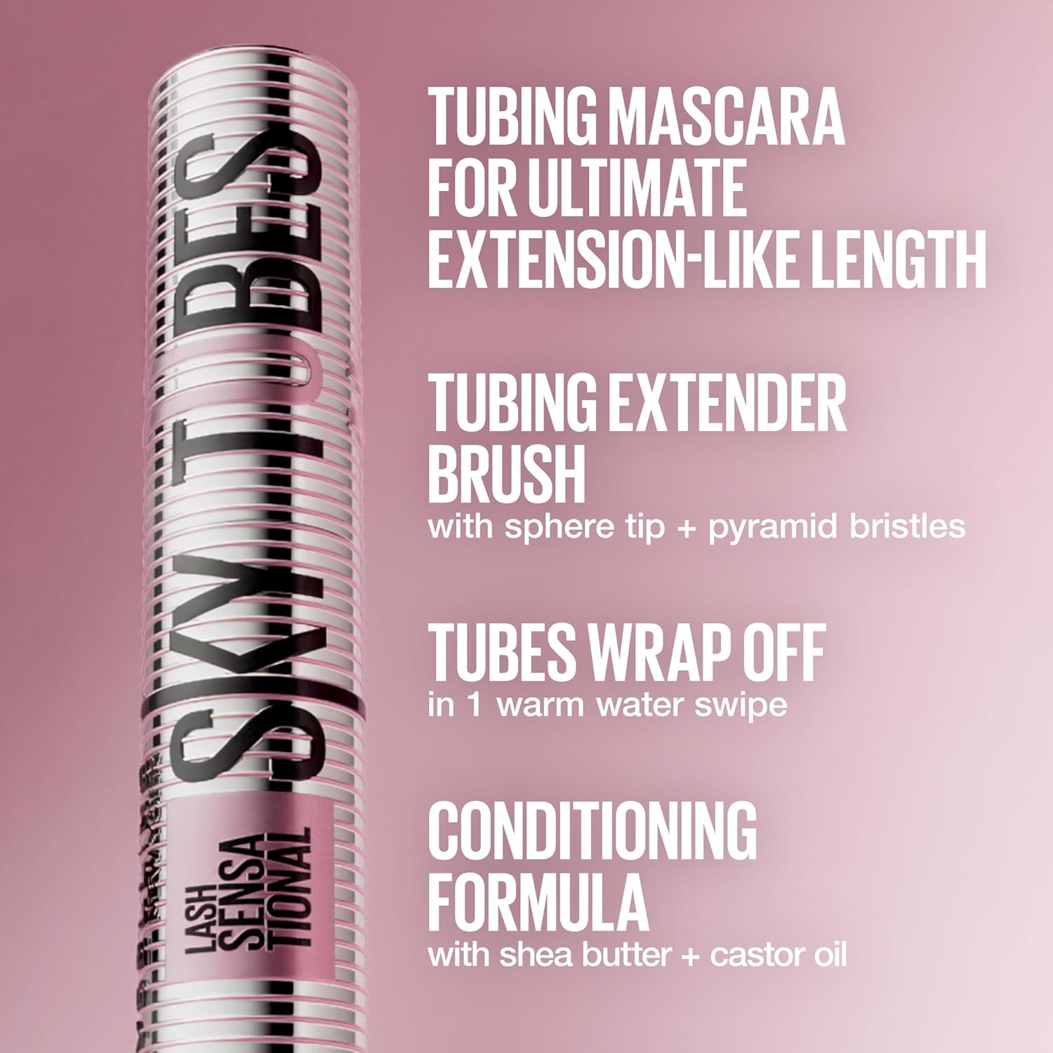 Maybelline Lash Sensational Sky Tubes Tubing Mascara, Extension-Like Lengthening Mascara, 24HR Eye Makeup with Shea Butter & Castor Oil, Very Black, 1 Count