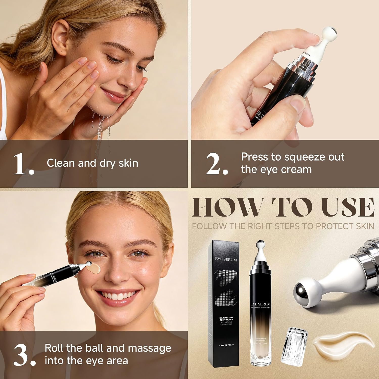 Eye Cream With 360° Roller, Anti-Aging Wrinkle Wrinkle, Caffeine Eye Serum Diminishes Dark Circles & Puffiness, Retinol Peptide Formula, 0.5 Fluid Ounce